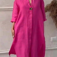 Women's Casual Button-Up Linen irt Long Ne round Color Blo  Pet Clothing Accories