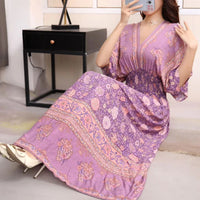 Summer Poplin Dresses Women Round Neck Puff Short Sleeve A Line Print Dresses Ethnic Style Tight High Waist Long Dress 2023