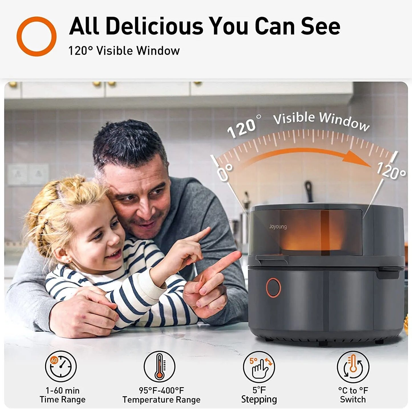 JOYOUNG Air Fryer 10 in 1 Digital Air Fryer Oven 5.8 QT Air Fryer Toaster Oven Oilless Cooker 120° Visible Window Free Recipes