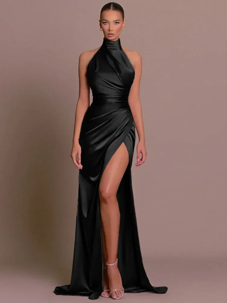 Elegant Luxury Party Evening Dress Sexy Women Sleeveless Long Halter Dress  Fall Backless High Split Bodycon Maxi Dresses Black