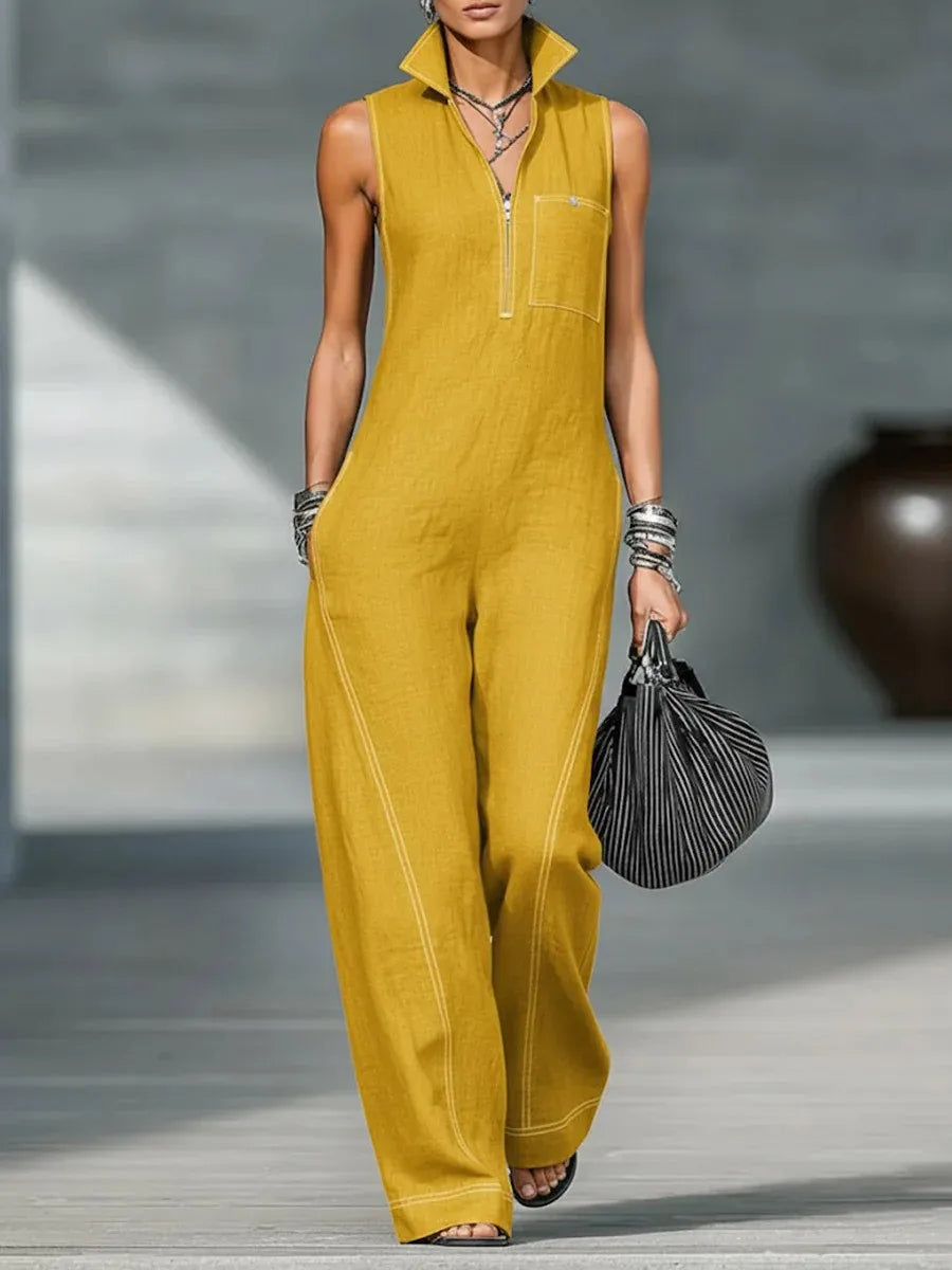 Elegant High Street Linen Cotton Jumpsuit Casual Sleeveless Stand Collar Pockets Loose Party Playsuits Fashion Solid Romper
