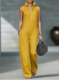 Elegant High Street Linen Cotton Jumpsuit Casual Sleeveless Stand Collar Pockets Loose Party Playsuits Fashion Solid Romper