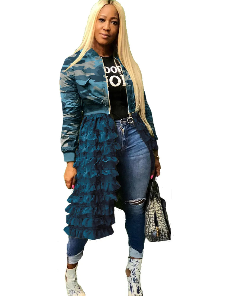 Camouflage Bomber Jacket Women Autumn Winter Streetwear Harajuku Jackets Layered Ruffle Long Coat Outwear Chaquetas