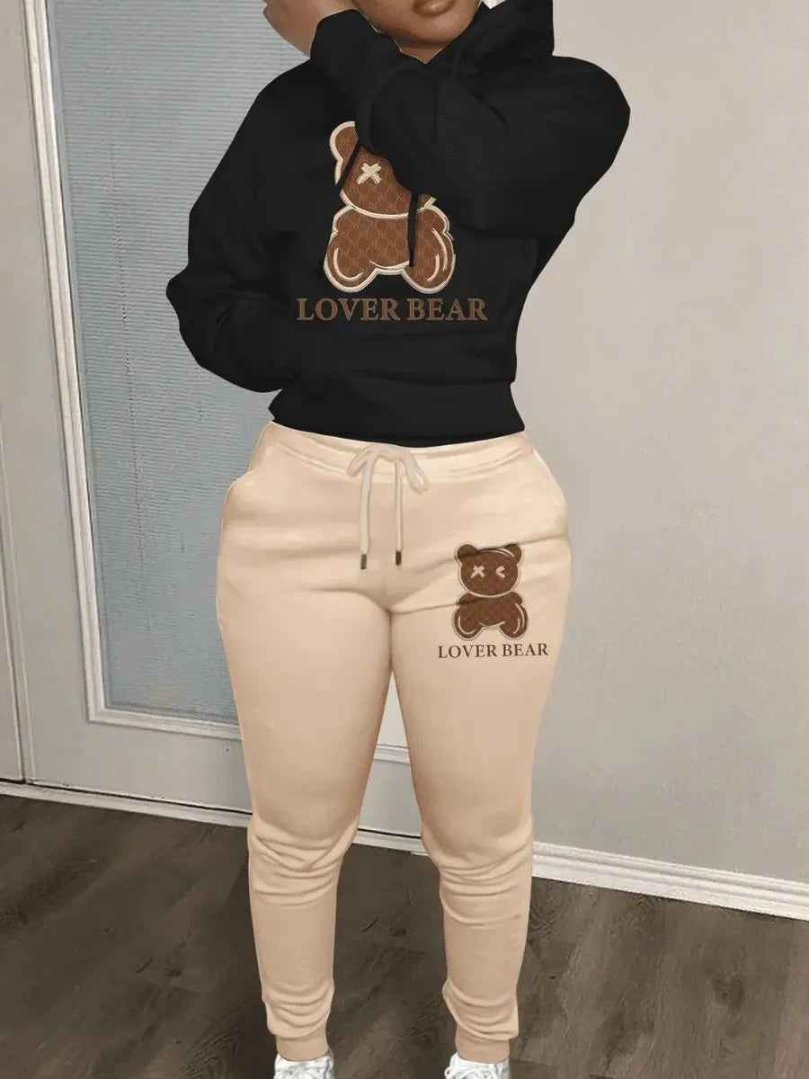 LW Lovely Bear Letter Print Kangaroo Pocket Tracksuit Set Long Sleeve Hoodie+Drawstring Trousers Women Two Pieces Matching Suits