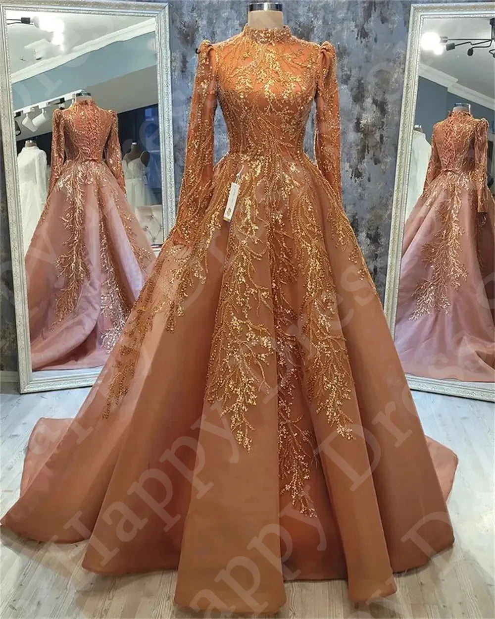Muslim Arabic Evening Dress 2025 Luxury Appliques 3D High Neck Full Sleeve Formal Party Dress A-Line Robe de soire Customized Muslim Arabic Evening Dress 2025 Luxury Appliques 3D High Neck Full Sleeve Formal Party Dress A-Line Robe de soire Customized