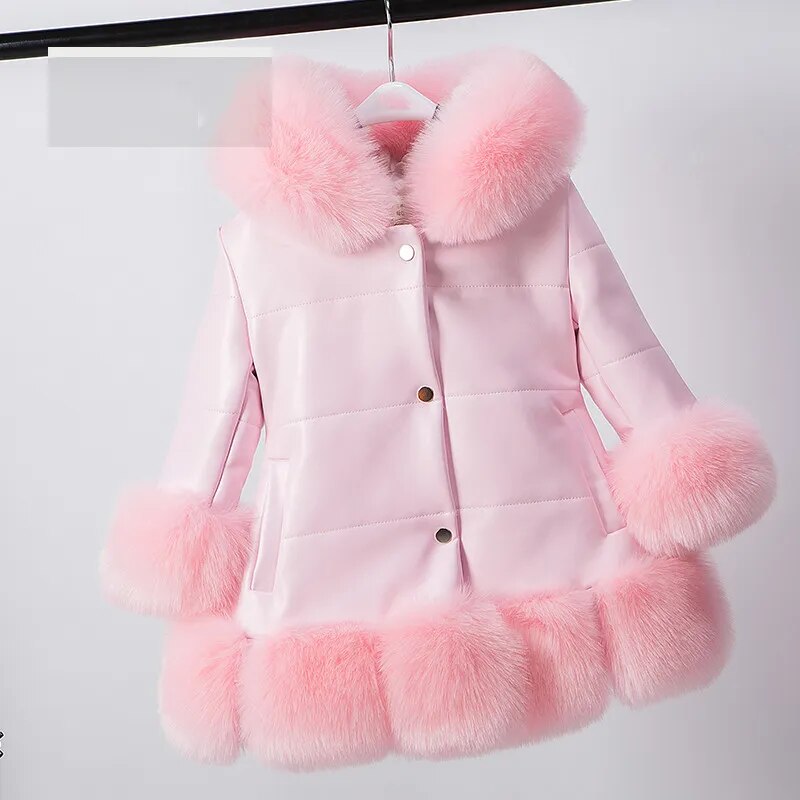 2023 Winter Kids Girls PU Leather Patchwork Faux Fox Fur Collar Down Jacket Coat Children Thick Warm Hooded Parkas Outerwear W31