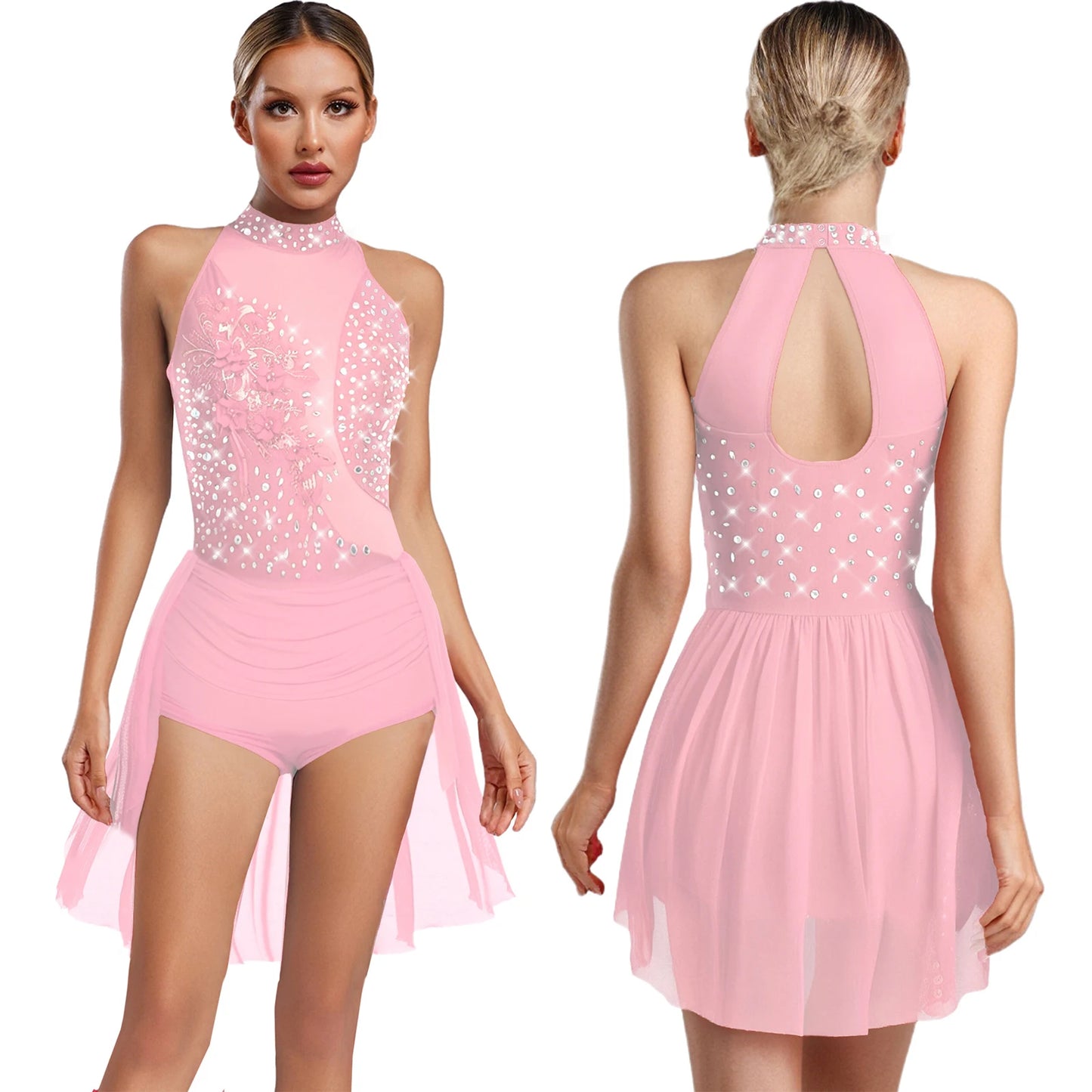 Women Latin Cha-cha Dance Performance Costumes Rhinestone Applique Sleeveless Leotard Skating Ballet Samba Rumba Tango Dancewear