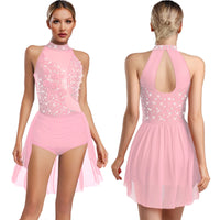 Women Latin Cha-cha Dance Performance Costumes Rhinestone Applique Sleeveless Leotard Skating Ballet Samba Rumba Tango Dancewear