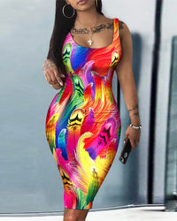 Women Sexy Summer Print Sleeveless Bodycon Dress