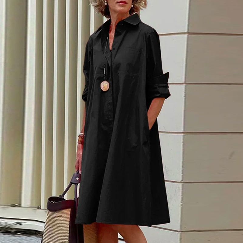 Sexy Autumn New Simple Shirt Dress Casual Solid Color Long Sleeves Fashion Turn-down Collar  Pocket  Dresses