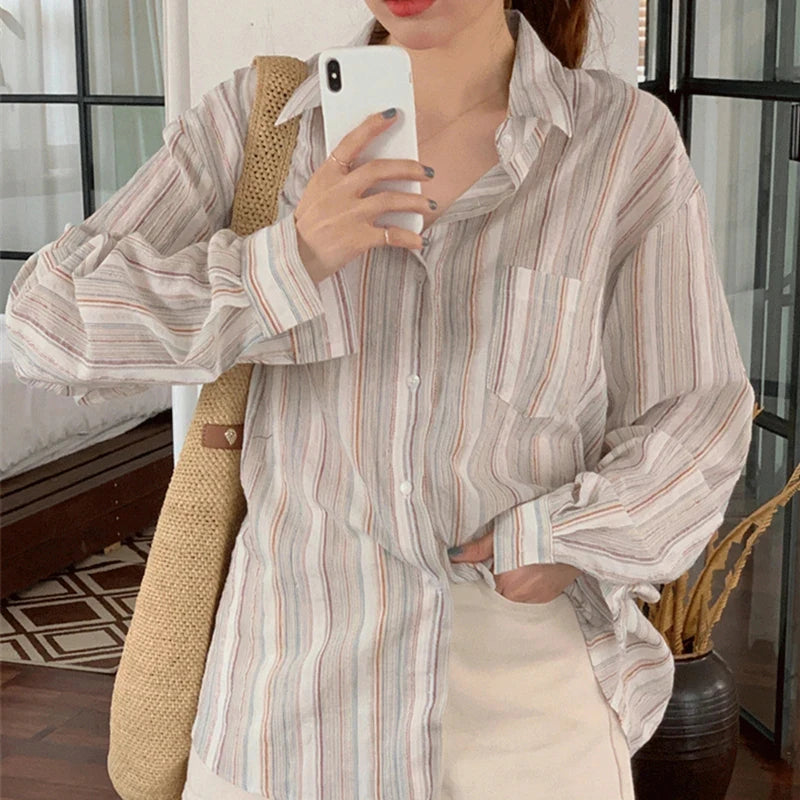 MEXZT Vintage Striped Shirts Women Korean Fashion Simple Long Sleeve Turn Down Collar Blouse Office Lady Casual Loose Thin Tops