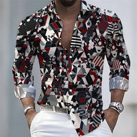 American retro patchwork print men's long-sleeved shirt, casual spring and autumn turn-down collar cardigan, plus size men's top
