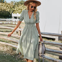 Women Elegant Striped Lantern Sleeve Summer Dress Causal V-neck Button Ruffles Midi Dress 2023 Women Beach Holiday Party Dress