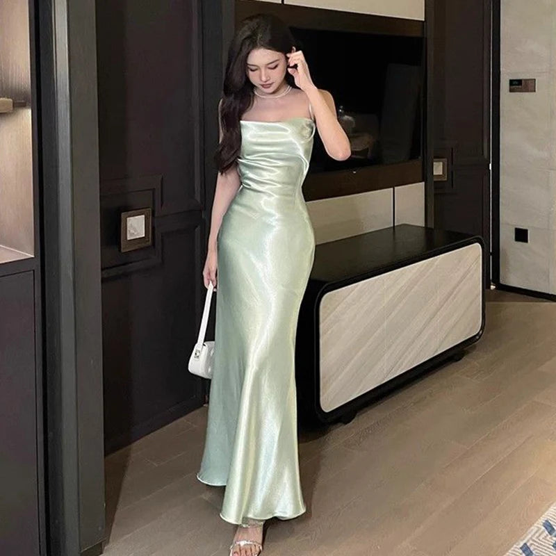 Woman Summer Pleated Sleeveless Midi Dresses 2025 Fashion Silk Satin Long Dress Women Spaghetti Strap Dress Party Banquet Dress