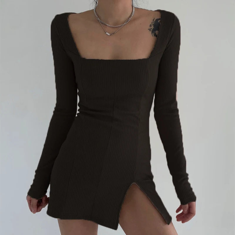 Sexy Knitted Sheath Dress Summer Women Solid Colors High Waist Pullover Style Long Sleeve 2023 Fashion Streetwear Split Dress