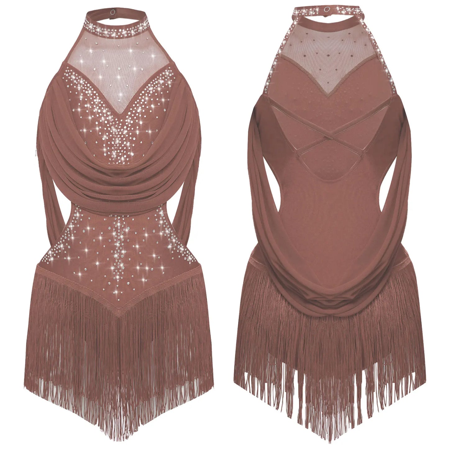 Girls Latin Jazz Rumba Samba Dance Costume Salsa Set Ruched Mesh Drapes Cutout Leotard with Tassel Skirts and 1 Pair Mesh Gloves