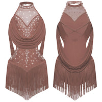 Girls Latin Jazz Rumba Samba Dance Costume Salsa Set Ruched Mesh Drapes Cutout Leotard with Tassel Skirts and 1 Pair Mesh Gloves