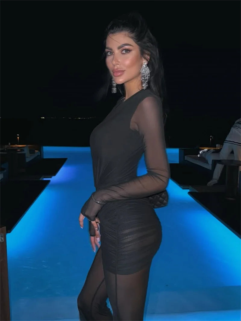 Blifanbo Sexy Deep V Mesh Long Sleeve Jumpsuit  Women Autumn Double Layer Patchwork Ruched Bodycon Jumpsuit Rompers New 2025