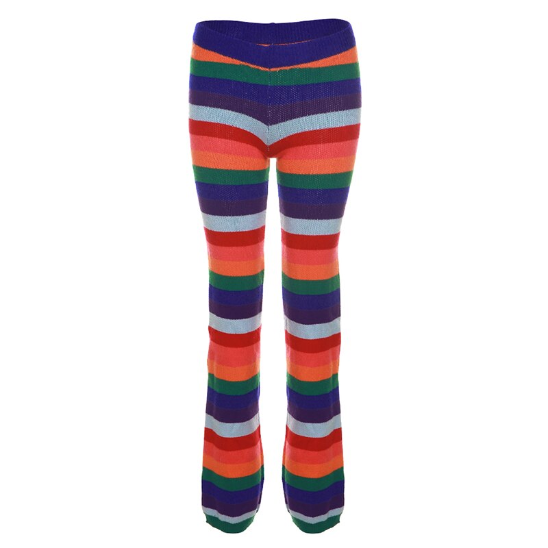 JusaHy Women Autumn New Strip Colorful Printed Wool Knitting Two Pieces Sets Crew Neck Long Sleeve Short Sweater&Straight Pants