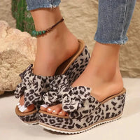 Women Wedge Slippers 2025 Leisure Large Size Shoes Women Platform Outdoor Sandals Leopard Print Bow Tie Slippers Slides Women