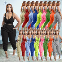 Women Tracksuit Two Piece Set Solid Tank Top + Long Pants Pocket Jogger Set Casual Matching Sporty Suit