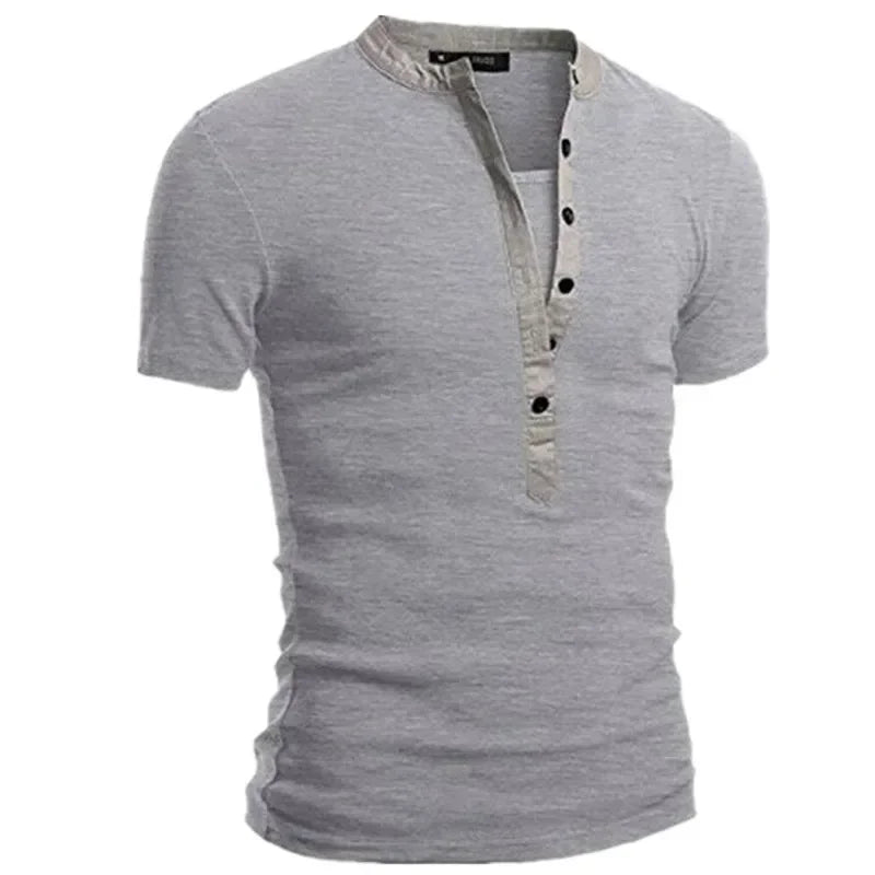 2026 Men's Summer Casual Shirts Solid V-neck Button Slim Fit T-Shirts for Men Fashion Short Sleeve Tees Tops Men Clothing S-3XL