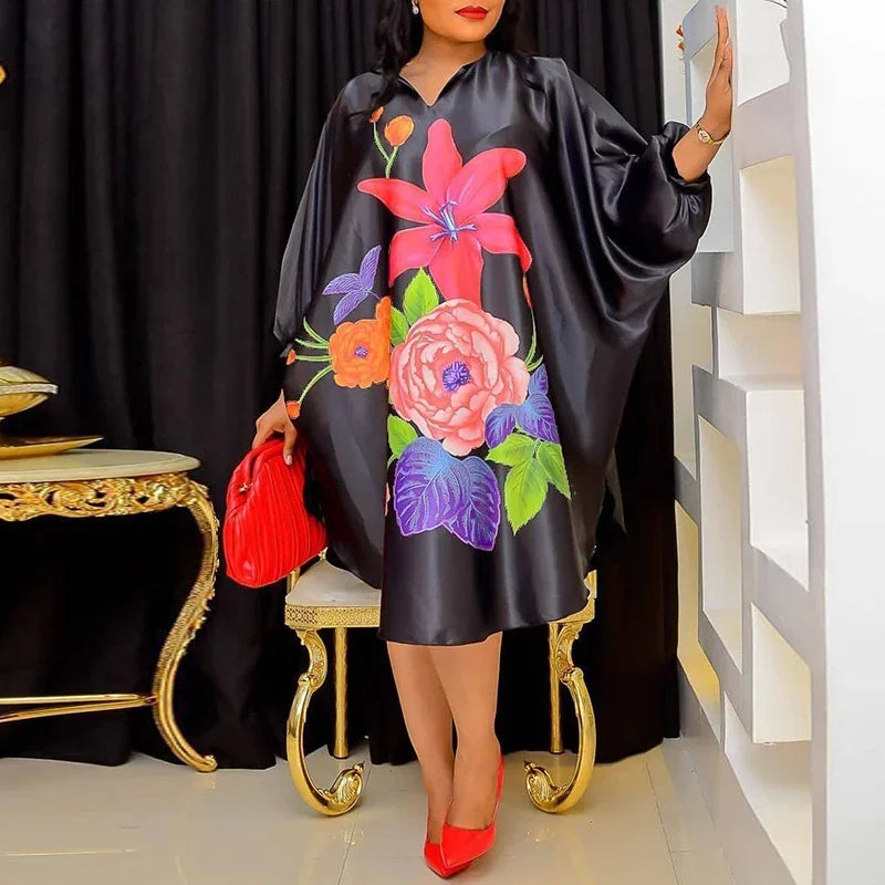 Plus Size 5XL VONDA Women Bohemian Long Sundress Autumn Floral Printed Elegant Midi Dress 3/4 Bat Sleeve Casual Loose Retro Robe