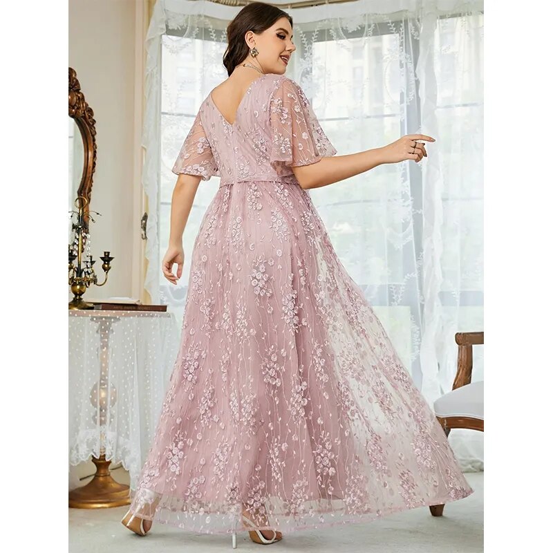 2023 Plus Size V Neck Embroidered Pink Loose Dress 5XL6XLMaxi Loose Elegant Party Party Chiffon Lace Dress