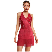Women Rhinestones Latin Dance Costume Tassel Gymnastics Leotard Bodysuit Ballet Tango Salsa Jazz Performance Fringed Jumpsuits