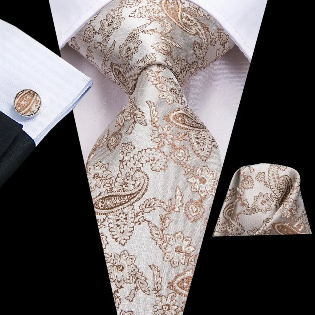 Hi-Tie Champagne Floral Paisley Silk Elegant Tie For Men Groom Wedding Men Necktie Pocket Square Cufflink Accessory Wholesale