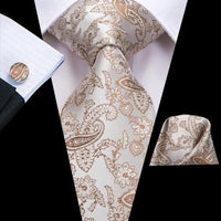 Hi-Tie Champagne Floral Paisley Silk Elegant Tie For Men Groom Wedding Men Necktie Pocket Square Cufflink Accessory Wholesale