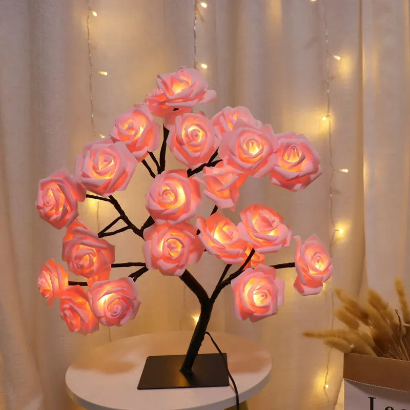 24 LED Rose Tree Lights USB Plug Table Lamp Fairy Flower Night Light For Home Party Christmas Wedding Bedroom Decoration Gift