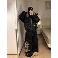 ZHIZOU Women's Baggy Black Jeans Y2k American Retro Designer Leopard Denim Pants Grunge Harajuku Hip-pop Wide Fit Cowboy Pants