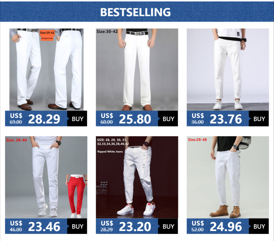 White Jeans Men Plus Size 36 38 40 Loose Oversized Red Trousers Stretched Denim Mens Casual Slim Fit Straight Elastic Man Pant