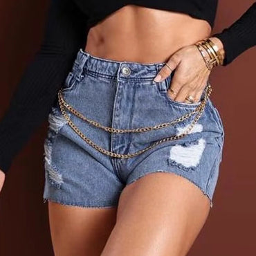 Wepbel Jeans Pants Women Chain Decor Ripped Chain Stitching Ripped Skinny Denim Shorts Summer Short High Waist Denim Shorts