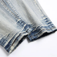 Vintage Blue Ripped Men's Jeans Mid-Waist Stretch Fashion Letter Print Casual Pants Street Trend Wear