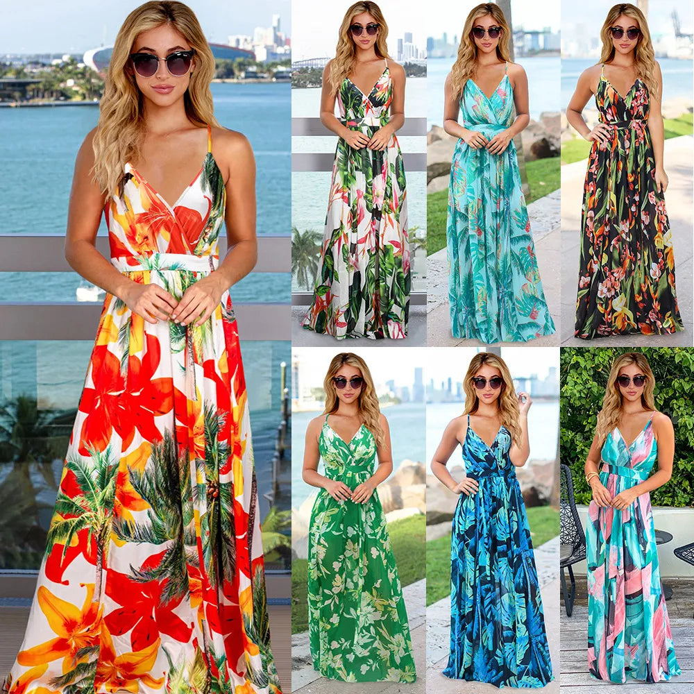 European and American spring and summer dresses Bohemian floral halter dress