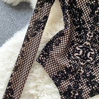 Women Bodycon Bodysuit 2024 Korean Sexy Backless Mesh Bodycon Jumpsuits Chic Flocking Slim Bodysuit Streetwear Long Sleeve 39950