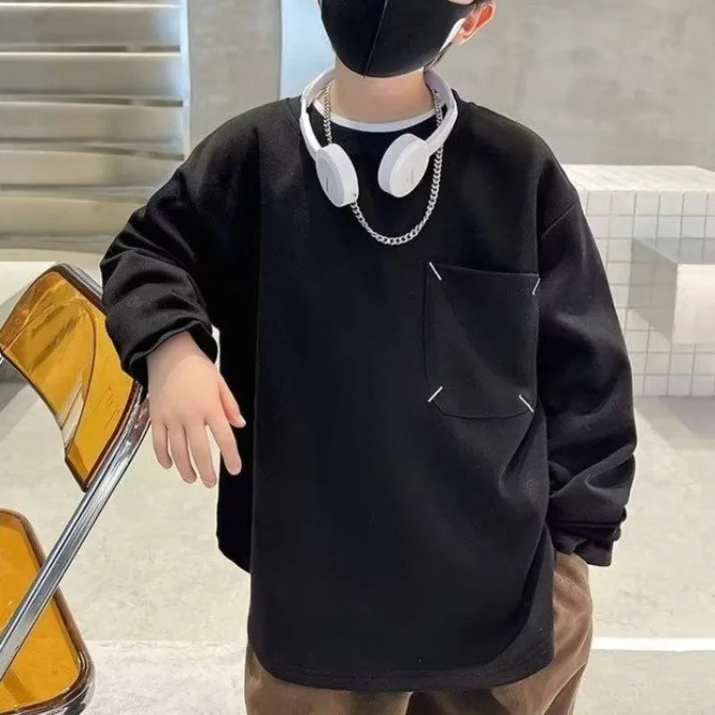Sweatshirt Boys' Long Sleeve T-Shirt Spring 2025 New Solid Color Simple Stylish Casual Big Kids Top for 6-8 Years Old