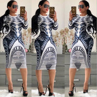 Women Spring Summer Sexy Print Bodycon Dress Long Sleeve Knee-length Casual Vintage Dress Elegant Slim Midi Party Dress Vestidos