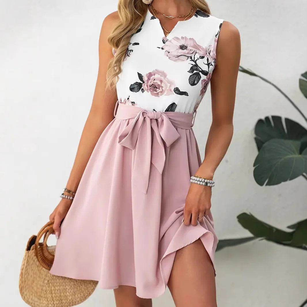 2026 Summer New Style Short-sleeved Round Neck Slim Knee-length Dress European and American Retro Polka Dot Floral Dress