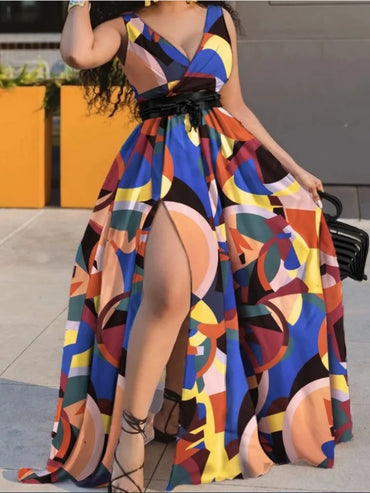 Wmstar Plus Size Dress Women Wholesale Deep V Neck Dot Print Long Dress with A Sexy Slit and A Big Swing,paired with A Belt