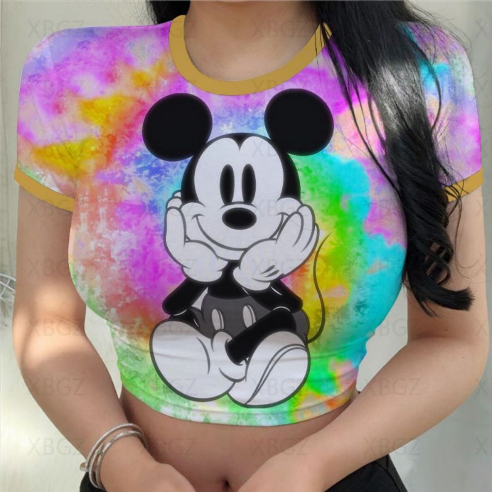 Crop Top Disney Women's T-shirt Minnie Mouse Woman Clothes Tight Fashion Blouses 2022 Party Y2k Sexy T-shirts Slim Fit Cartoon