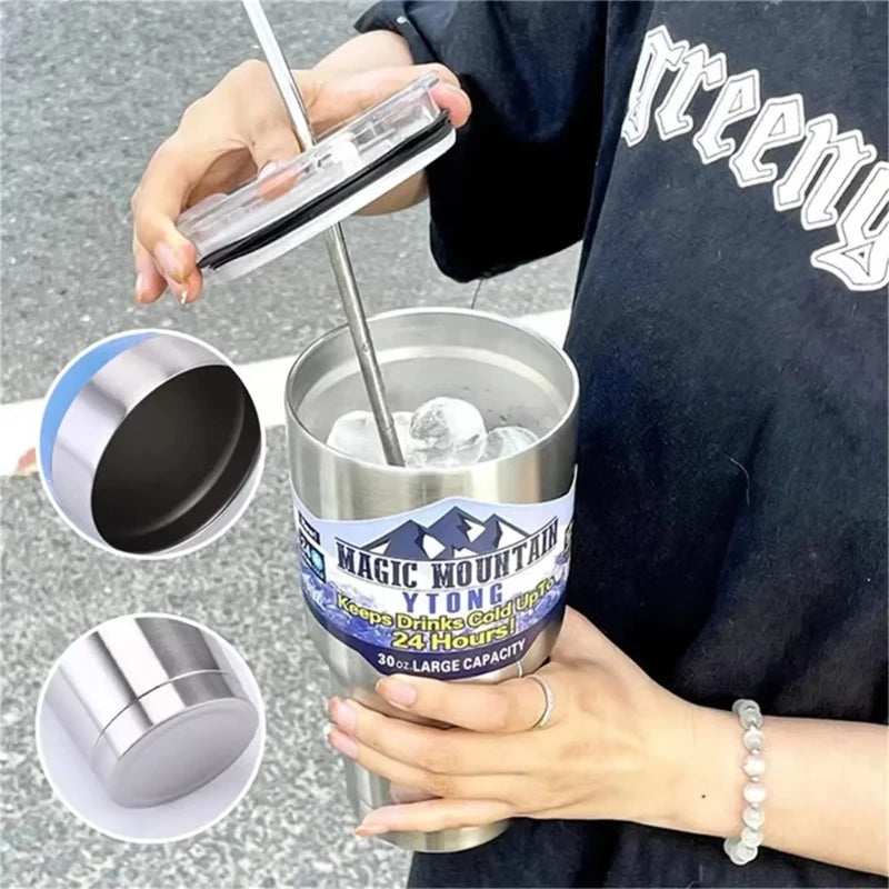 Stainless Steel Large Capacity Thermos Bottle Ice Cube Cup Portable Car Water Bottle Women Men Outdoor Cold Beer Cup Straw Mug