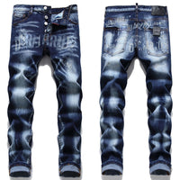 Light Luxury Men’s Slim-fit Stretch Blue Denim Pants,Printing Decors Scratches Ripped Casual Jeans,Stylish Sexy Street Jeans;