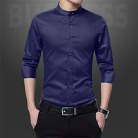 New Men Business Shirts Black/White Fashion Elegant Male Stand Collar Long Sleeve Tops Homme Wedding Party Dresses