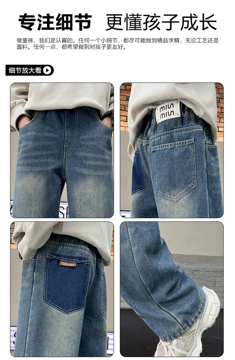 Boys Jeans 2024 Autumn&winter New Teenage Children Plus Fleece Warm Pants Boys Fried Street Handsome Pants Kids Denim Trousers