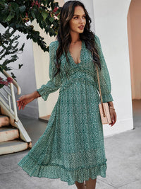 Boho Summer Dress Women 2022 Ruffles Print V Neck Chiffon Midi Dress Wrist Flare Sleeve Empire Holiday Beach Dresses Woman