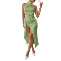 2026 New Arrival Women Round Neck Sexy Ruched Backless Bodycon Maxi Dress Split Long Dress
