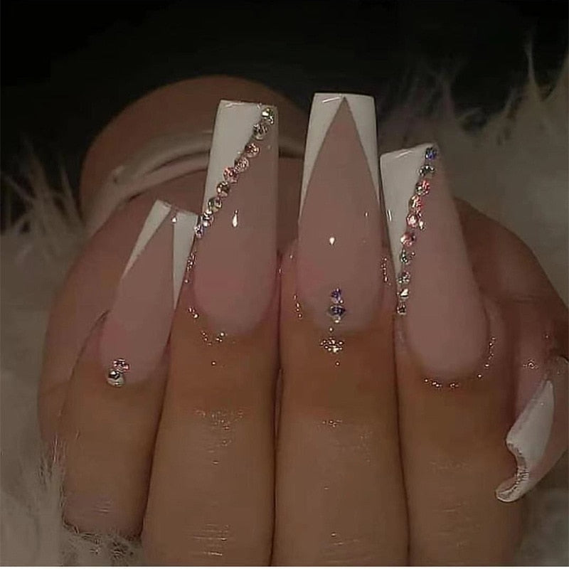 24pcs False Nails with glue flower design Long Coffin French Ballerina Fake Nails Full Cover acrylic Nail